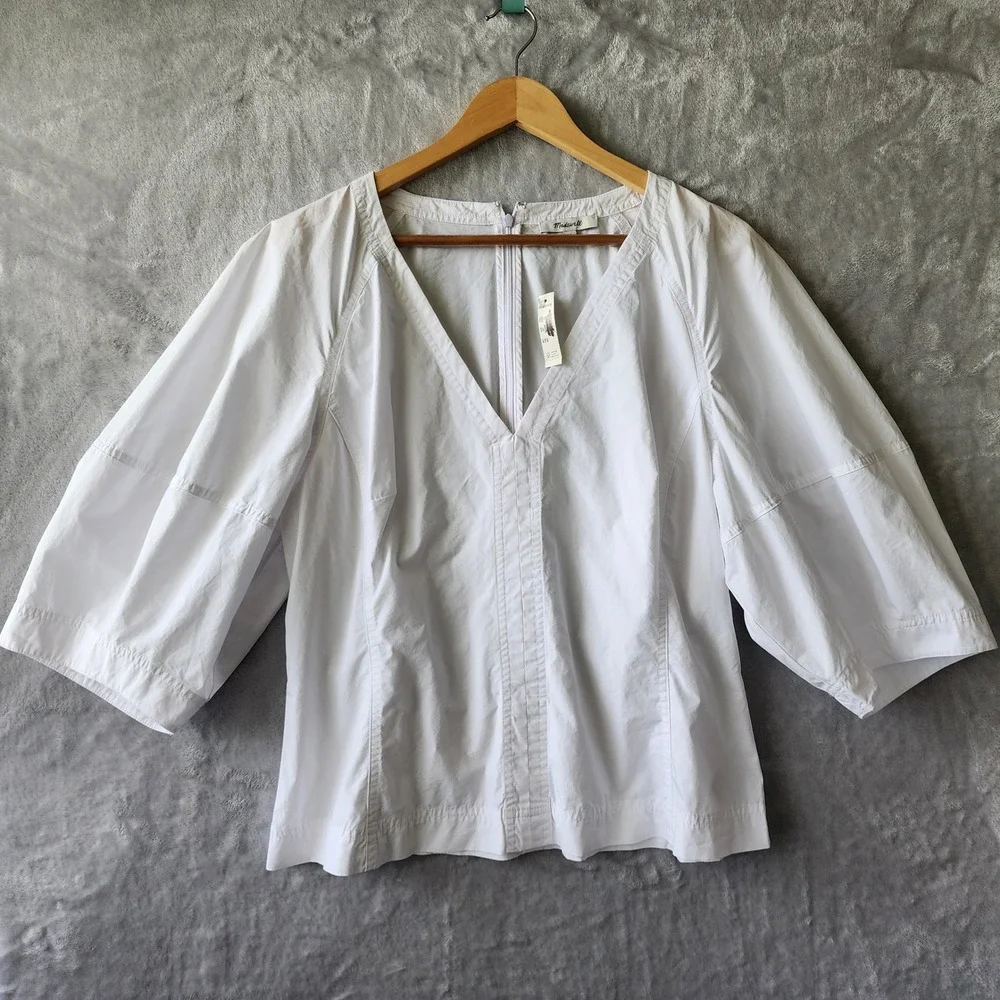 Madewell Top Womens Size 14 White Cotton Poplin Puff Sleeve Sculptural Shirt NWT